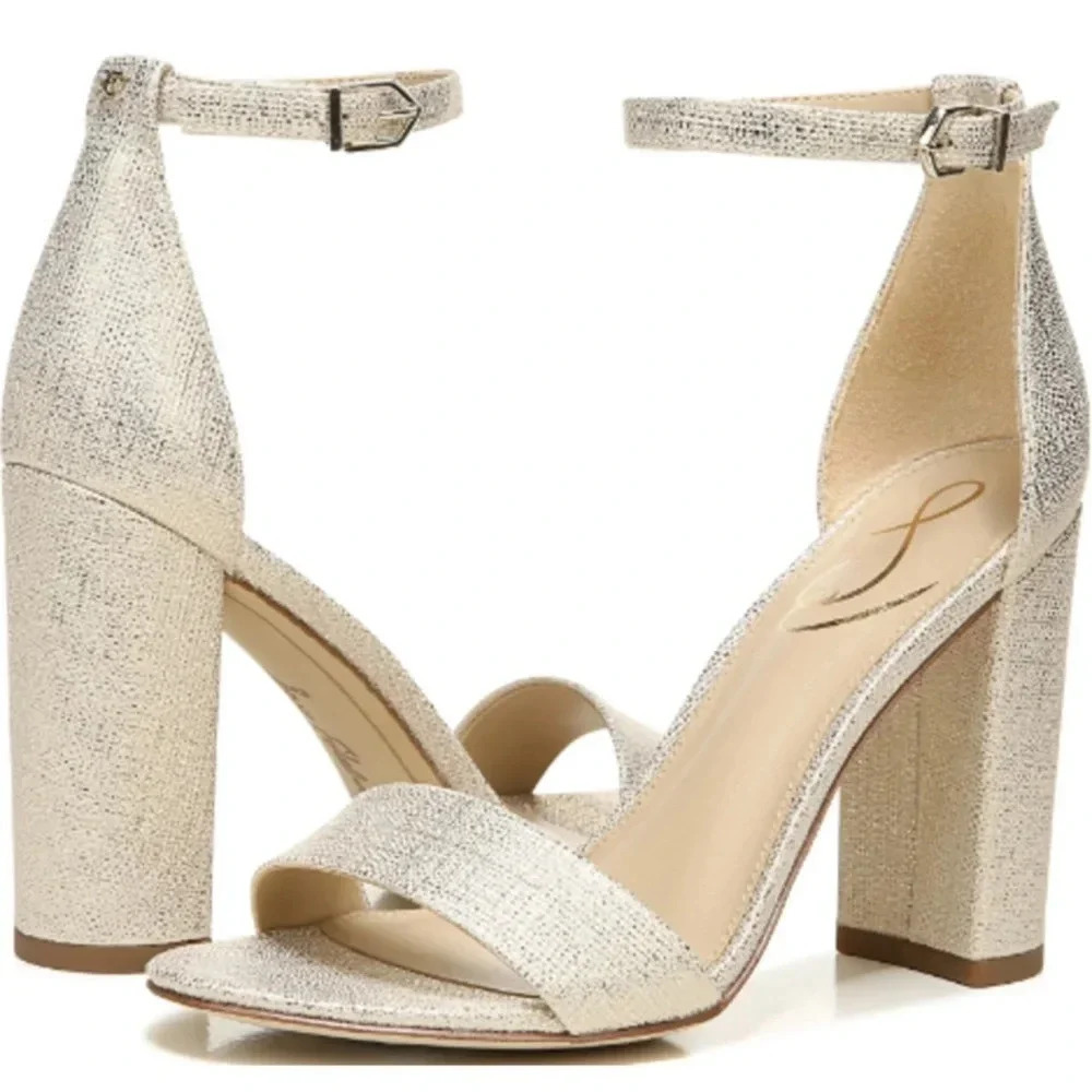 Sam Edelman Metallic Ivory Ankle Strap Block Heel Sandals